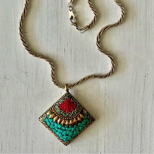 Bohemian faux turquoise gold tone Necklace, statement tribal pendant necklace
